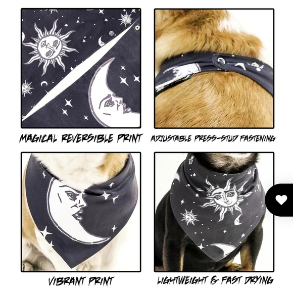 Rogue + Wolf ✦ Reversible Pet Bandana ✦ Celestial Sun & Moon Print Stars Black - Picture 4 of 14